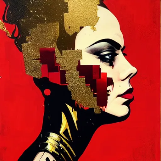Image similar to portrait of red woman :: side profile :: in ocean :: guns and bullets :: metallic details :: gold :: blood and horror :: by marvel and Sandra Chevrier