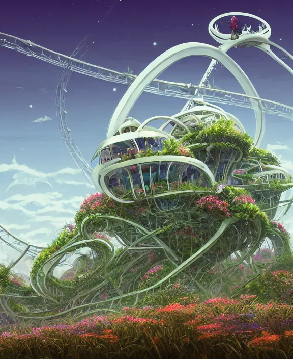 Image similar to simplicity, elegance, a roller coaster building made out of organic creatures, in the style of a streamlined asymmetrical spaceship, overgrown with flowers, bleak apocalyptic environment, by dan mumford, yusuke murata, makoto shinkai, ross tran, cinematic, unreal engine, cel shaded, featured on artstation, pixiv