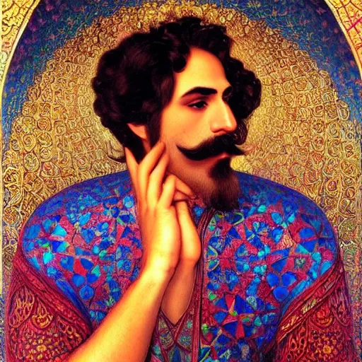 Prompt: beautiful iranian persian man with mustache, kaleidoscope, victor nizovtsev, botticelli, bouguereau