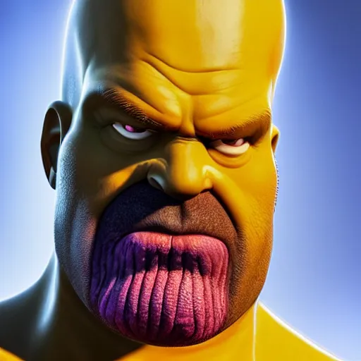 Image similar to Thanos merged with homer simpson, ultra realistic, concept art, intricate details, dark, highly detailed, photorealistic, octane render, 8k, unreal engine