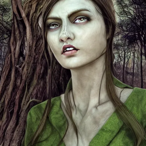 Prompt: realistic, skin tinted a very pale tone, green eyes, detailed facial features, folk horror woman in a forest