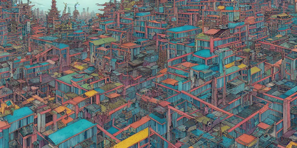 Prompt: Anime vajrayana Tibetan cityscape, Ghost in the Shell, Tekkonkinkreet, favelas, temples, cinematic matte painting concept art, by James Jean