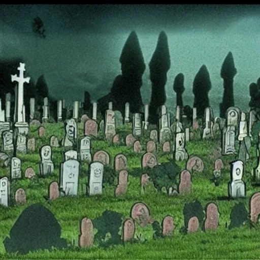 Image similar to film still of a haunted cemetery by tim burton and studio ghibli