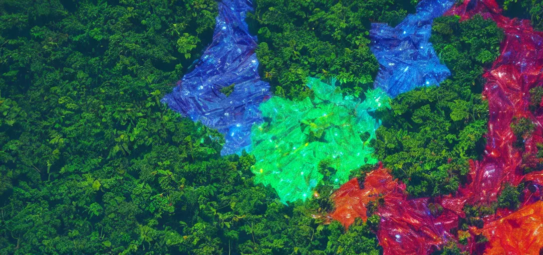 Prompt: photo of the amazon forest made of plastic bags of different colors, in a real space photography, super detailed image, trending on artstation, moody, cinematic, 8 k, volumetric lighting