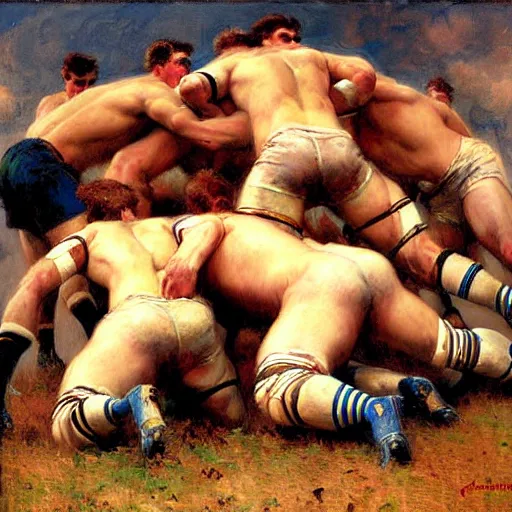 Image similar to handsome rugby players in a scrum painting by gaston bussiere, craig mullins, j. c. leyendecker, tom of finland