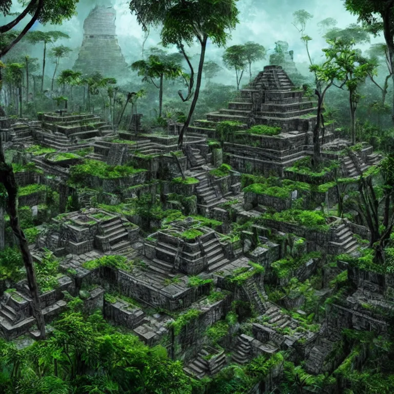 Image similar to a lost ancient mayan futuristic city in the jungle with vines and moss covering the ruins mysterious enigmatic unreal engine 4 k by iain mccaig and jan toorop