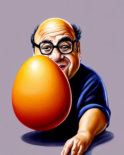 Image similar to painting portrait of danny devito as an egg, cartoon, warm lighting, danny devito has an egg body, movie poster, illustration by bartek fedyczak, erak note, tooth wu, neil richards, kan liu, siwoo kim, jisu choe, trending on art station