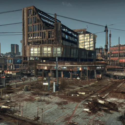 Image similar to Rotterdam Centraal Station in ruins post-nuclear war in Fallout 4, in game screenshot