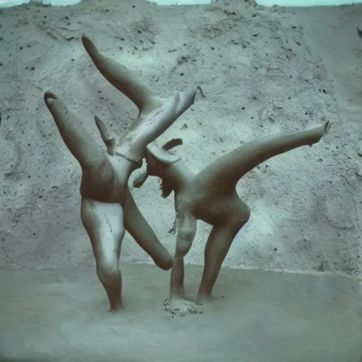 Image similar to melting dancers made of clay and mud on a tanztheater of nature, ultradetailled, ektachrome,