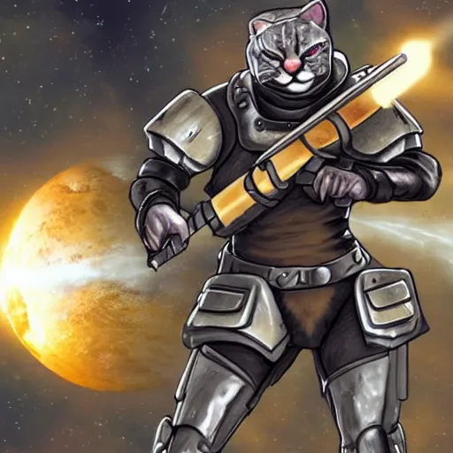 Image similar to a feline space warrior in combat armor fighting with an energy rifle,