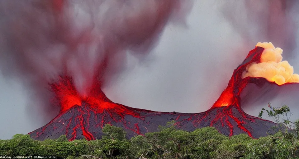 Image similar to a volcano made of ivory vines and crimson rocks enters in eruption, it spits a smoke in the shape of demonic eye, by James Gurney