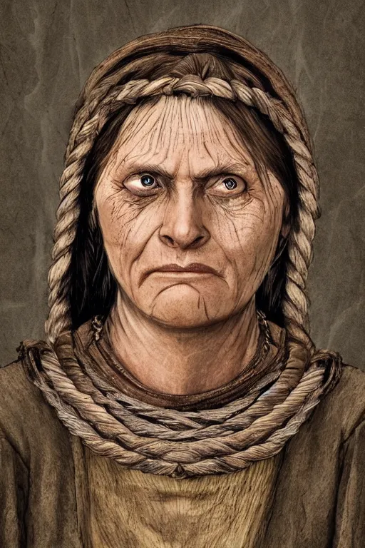Prompt: middle aged, unhappy, village woman in medieval clothing, with braid, highly detailed, trending on artstation