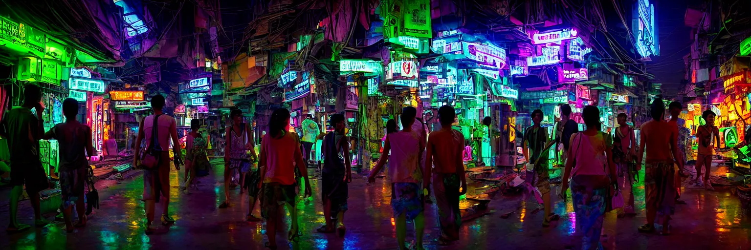 Image similar to Cyberpunk Residents, futuristic Phnom-Penh Cambodia, neon dark lighting