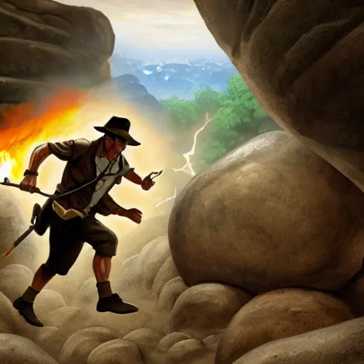 Image similar to Indiana Jones being chased by a boulder trap, boulder chase, underground ancient stone temple background, Indiana Jones running away from big round stone, raiders of the lost ark, detailed background, anime key visual