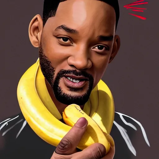 Prompt: Will Smith slapping a big banana, 8k, detailed face, extremly detailed, illustration, art, behance, sharp