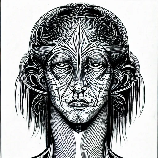 Image similar to an alex grey drawing, micron pen, black ink, a portal to another dimension, portrait