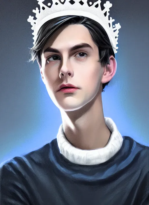 Image similar to portrait of teenage jughead jones wearing a light grey crown, crown, blue turtleneck, 1 9 5 0 s, closed eyes, photorealistic, black hair, glowing lighting, intricate, elegant, glowing lights, highly detailed, digital painting, artstation, concept art, smooth, sharp focus, illustration, art by wlop, mars ravelo and greg rutkowski