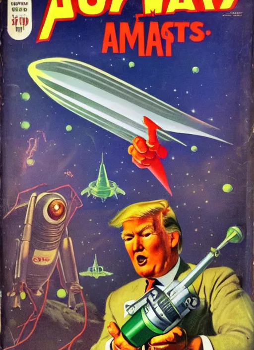 Image similar to 5 0 s sci fi pulp magazine cover of donald trump on mars pointing a ray gun to evil green martians, rocket on the background, by norman rockwell, by drew struzan, high res