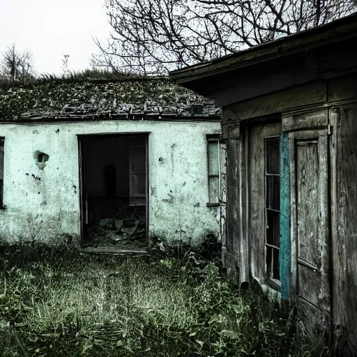 Prompt: abandoned cottage, green light emits from the windows, it is night time, dark, dark, dark
