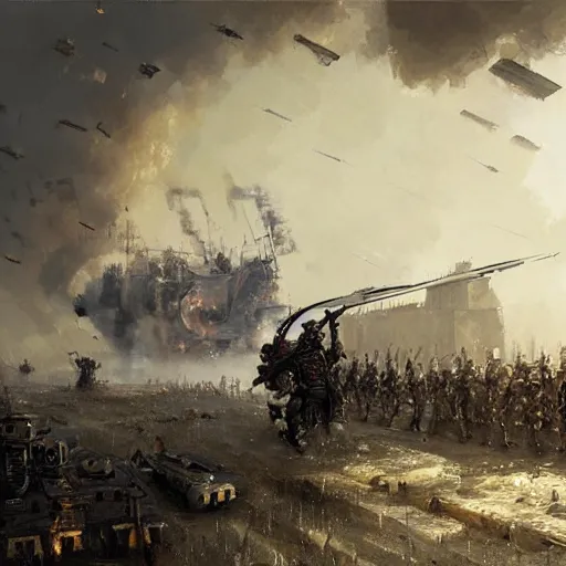 Image similar to gitantic steampunk war machine, war scene, explosions, jakub rozalski