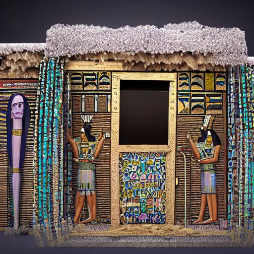 Prompt: egyptian art of a chalet made of crystals and feathers 8K 3D and hyperrealistic