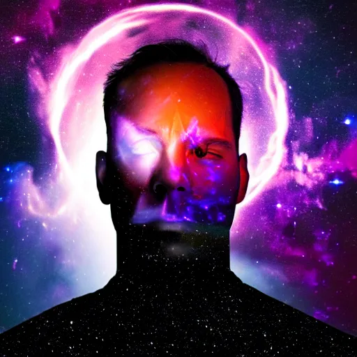 Image similar to an ultraealistic portrait of a man with space nebulaes replacing his face