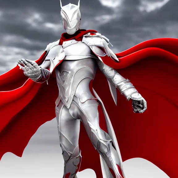 Image similar to cinematic full body shot of a male angel flying, white metallic armor, red cape, elegant pose, detailed arms, detailed white armor, two arms, two legs, detailed fanart, macro art, realistic digital art, DeviantArt, artstation, 3D realistic, 8k HD, octane render