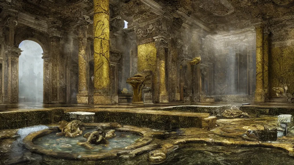 Image similar to roman bath, marblefloor with gold pattern, golden snakes, mossy pillar, ruin, godrays, fog, waterfall, cgsociety,