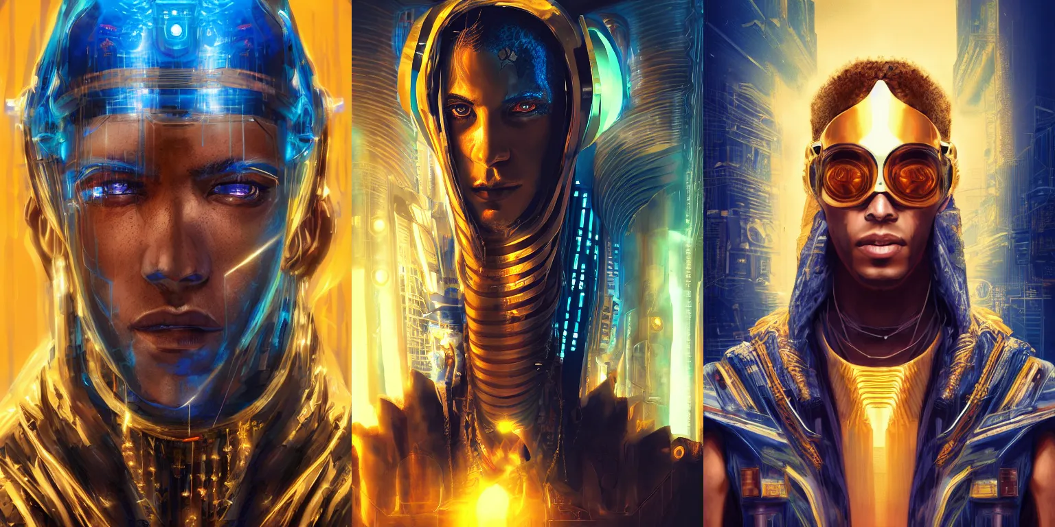 Prompt: Cyberpunk pharaoh. Half-length portrait. Dramatic. Gold blue lighting. Fantasy, digital painting, artwork, HD, 4k, detailed, vibrant.
