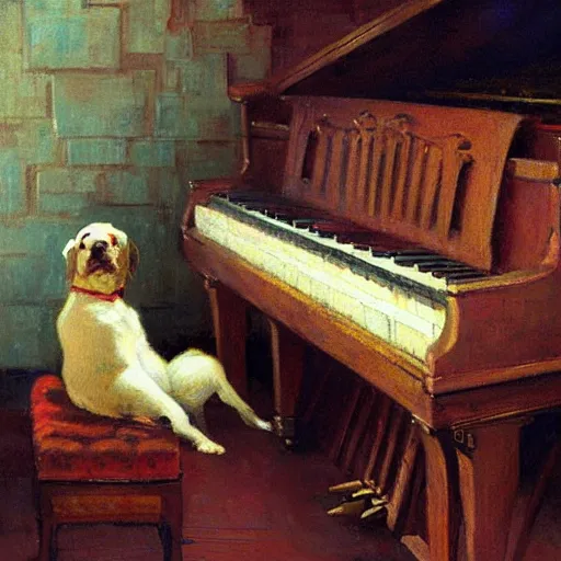 Prompt: a dog playing piano by Gaston Bussiere, Craig Mullins