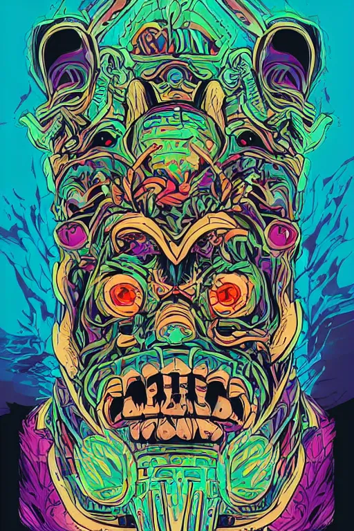 Image similar to totem animal mask tribal feather gemstone plant wood rock shaman vodoo video game vector illustration vivid multicolor borderlands comics by josan gonzales and dan mumford radiating a glowing aura