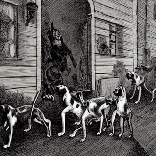 Prompt: the hounds of tindalos materializing through the walls of a victorian house