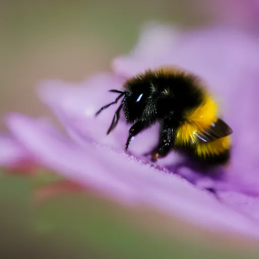 Image similar to a bumble bee made out of flowers sits on a finger, 5 0 mm lens, f 1. 4, sharp focus, ethereal, emotionally evoking, head in focus, volumetric lighting, blur dreamy outdoor,