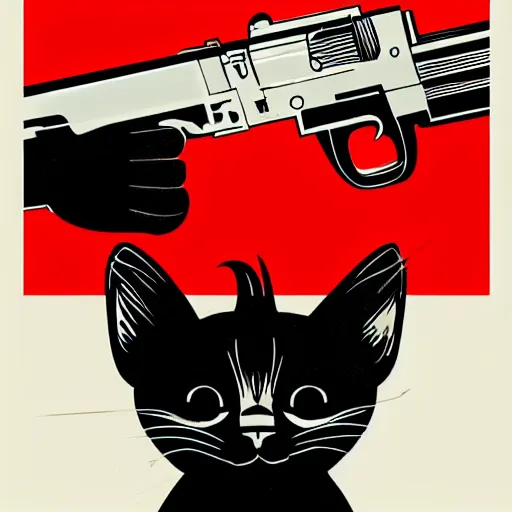 Image similar to a URSS propaganda poster from : a black cat with an AK47 , red and white, This 4K HD image is Trending on Artstation, featured on Behance, well-rendered, extra crisp