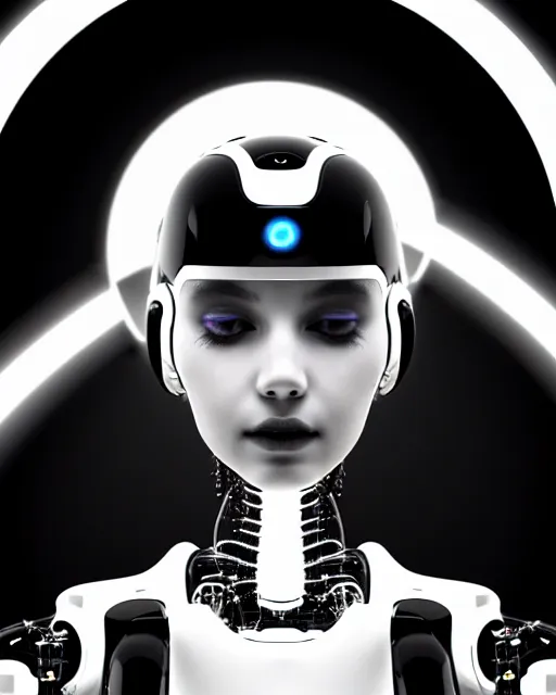 Image similar to black and white dreamy spiritual connected young female robot - cyborg high quality photo, microchip, artificial intelligence, bio - mechanical bio - luminescence, black wired cables, neurons, nerve cells, cinematic, rim light, photo - realistic, elegant, high detail, 8 k, masterpiece, high fashion