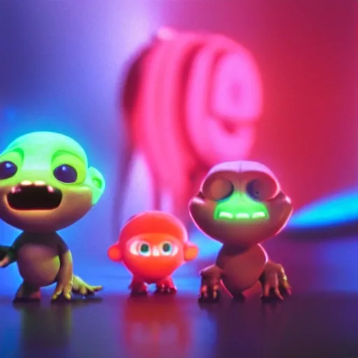 Image similar to cute smiling pixar and chibi style electric blue scaled glowing baby dinosaurs in tron movie, cinestill