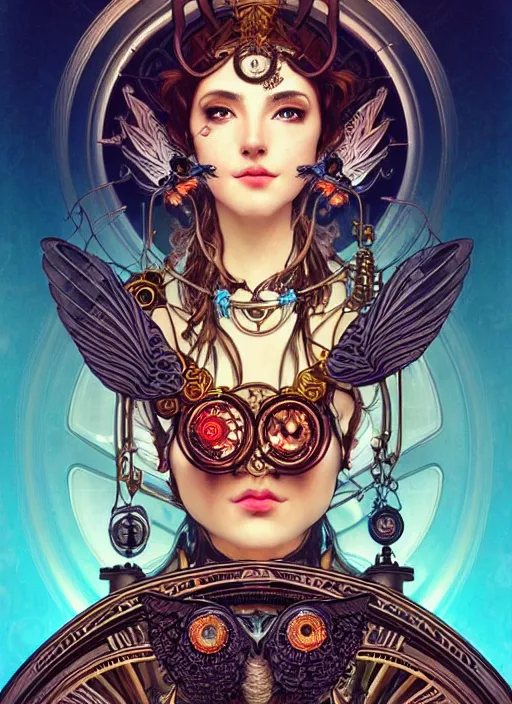 Prompt: the goddess artemis smirking with mechanical owl perched on her shoulder, steampunk, glowing eyes, volumetric lights, red and cyan theme, art nouveau botanicals, intricate, highly detailed, digital painting, artstation, concept art, smooth, sharp focus, cinematic, illustration, beautiful face, art by artgerm and greg rutkowski and alphonse mucha