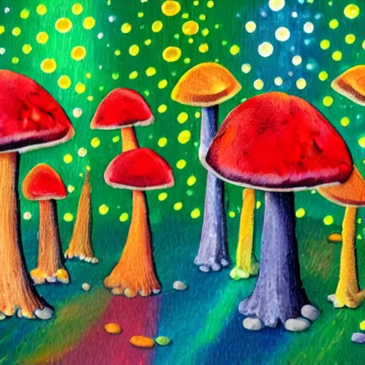 Image similar to a bright magic forest, with multicolored mushrooms and forest creatures dancing in the rain