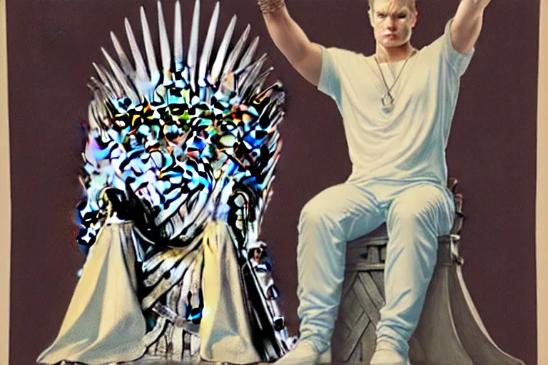 Image similar to man sitting, on a throne made of dollars, in the style of alex ross, game of thrones