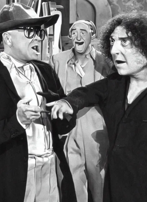 Image similar to Billy Wilder, Marty Feldman and weird al Yankovic in a still of the movie Young Frankenstein, hyperrealistic, cinema