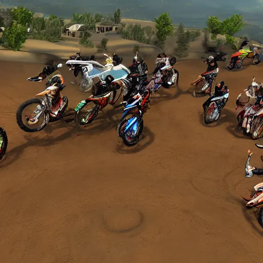 Prompt: erzberg rodeo off road motorcycle race in a 7 circles of hell by dante, game art, super detailed, 5 riders on a picture are going uphill