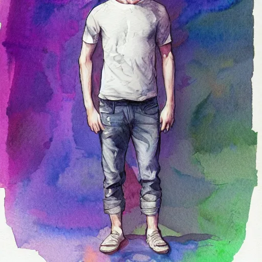 Image similar to full body sketch of vitalik buterin, perfect anatomy, full body, watercolor background, pencil art, ink and pencil, hyperrealistic, hyperdetailled, digital art, greg rutkowski, artstation, 8 k, beautiful drawing, paper texture, spray paint, watercolors