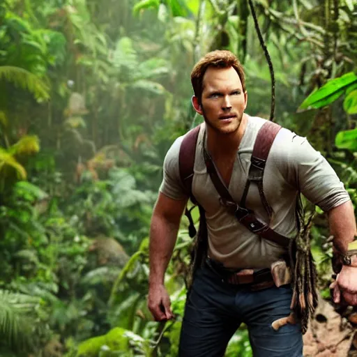 Prompt: Chris Pratt playing India Jones, crossing a rope bridge across a huge chasm in the jungle, machete in hand