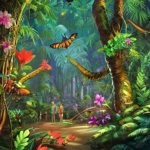 Image similar to an enchanted forest full of tropical flowers and fireflies, by joe jusko, trend in artstation