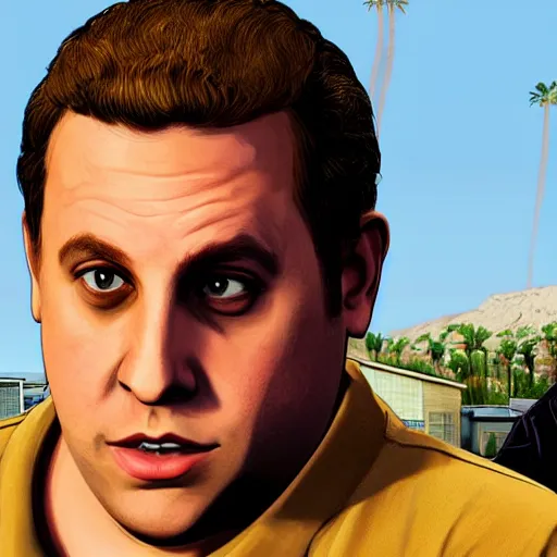 Image similar to jonah hill as a gta v character talking to trevor