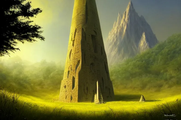 Prompt: a wizard's tower standing alone in a circle of trees, meadow, plains, wizard tower, golden runes, golden hieroglyphs, fantasy, artwork by Marc Simonetti, artwork by Ted Nasmith, Ted Nasmith and Marc Simonetti, 8K, D&D concept art, D&D wallpaper