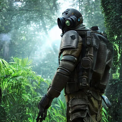 Image similar to a heavily armored man wearing a gasmask, walking through a lush jungle, realistic octane render, ray traced, god rays, extremely high detail