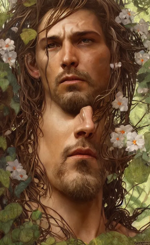 Image similar to god of the forest, 3 0 years old, rugged handsome, male, gorgeous, detailed face, clean lines, cinematic light, amazing, full body, flowers, muscular, intricate, highly detailed, digital painting, artstation, concept art, sharp focus, illustration, art by greg rutkowski and alphonse mucha