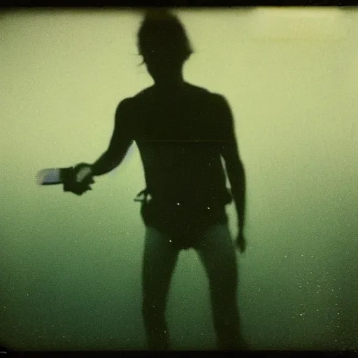 Image similar to mario running with scissors underwater, grainy polaroid, 1 9 7 0 s,