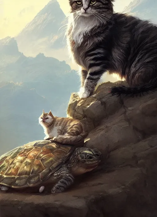 Prompt: Portrait of scruffy haired cat on a tall mountain sitting on a turtle, realistic, detailed, 4k by Greg Rutkowski Mark Arian trending on artstation